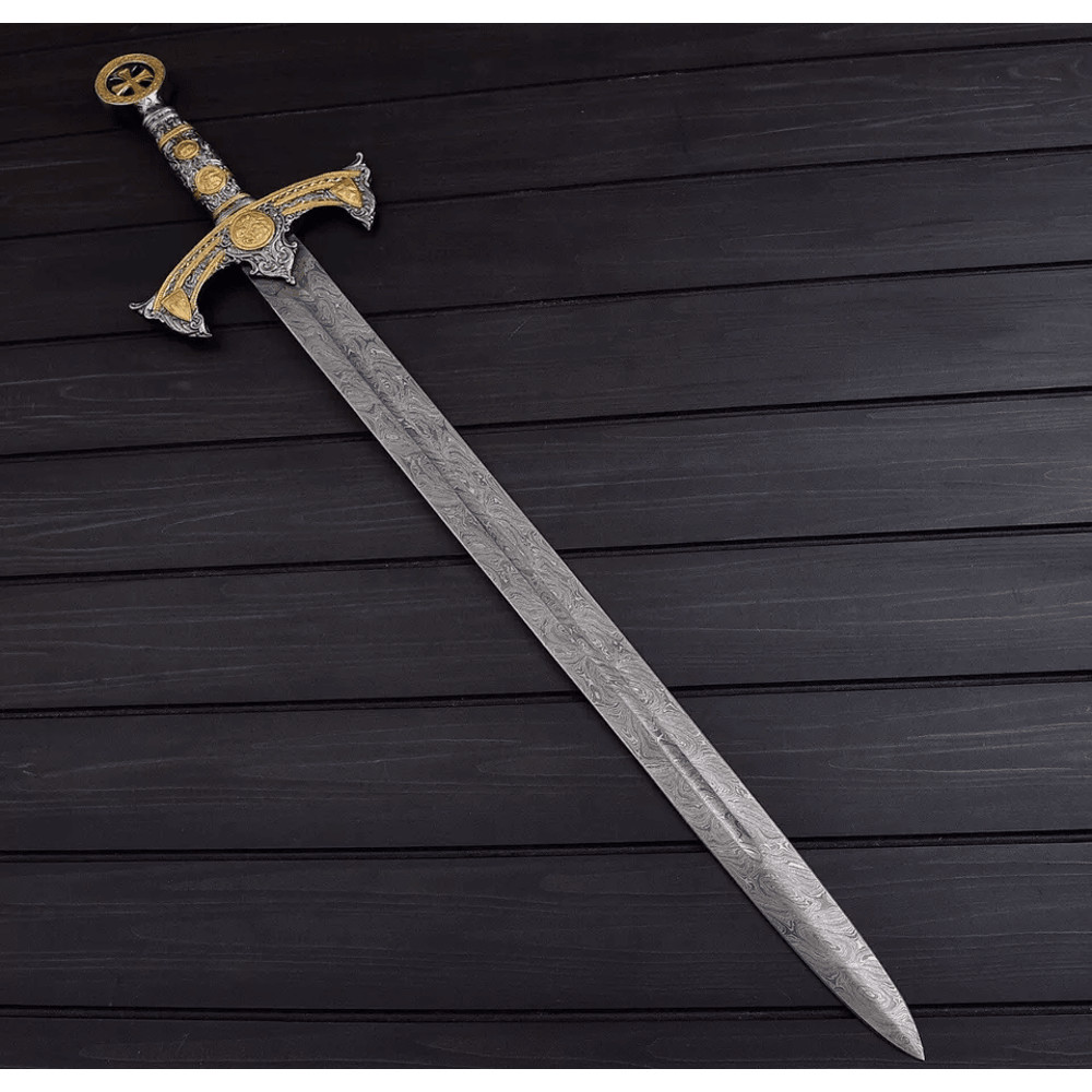 THE KNIGHTS TEMPLAR Crusader Sword Custom Handmade Damascus With Leather Sheath 1