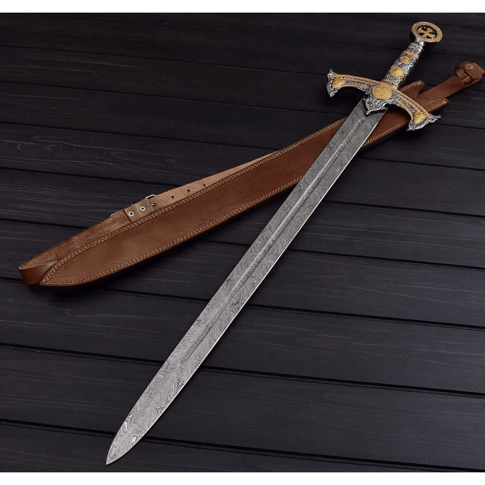 THE KNIGHTS TEMPLAR Crusader Sword Custom Handmade Damascus With Leather Sheath 3