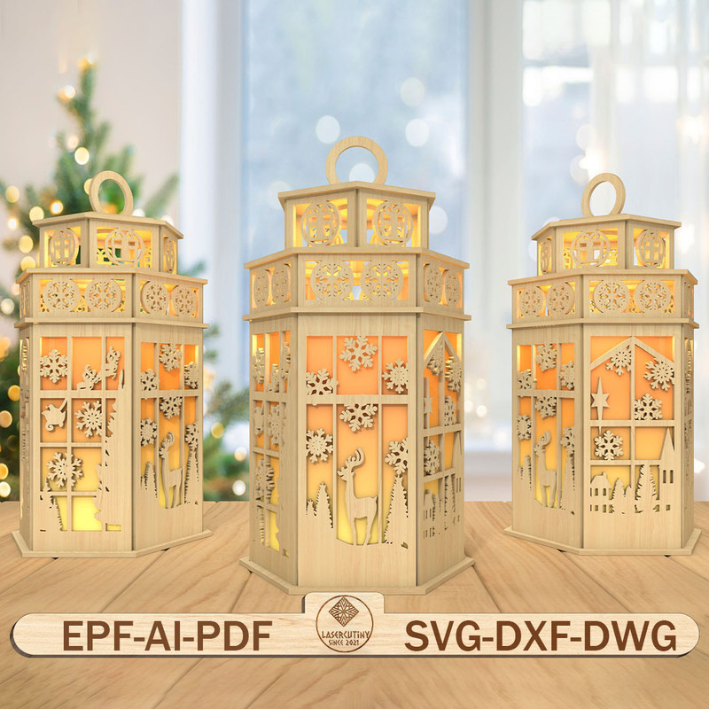 3D Christmas Window Lantern Laser Cut File Christmas Scene Lantern Svg Christmas Deer Svg 0
