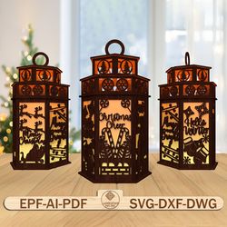 3d merry christmas lantern laser cut file, christmas scene lantern svg, santa sleigh svg, christmas candle lantern svg