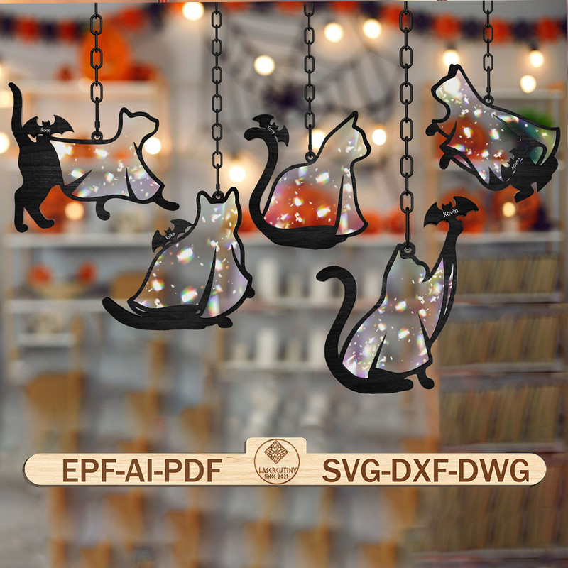 Personalized Ghost Cat Halloween Ornament Svg Rainbow Suncatcher Ornament Svg Halloween Decor Svg H 0