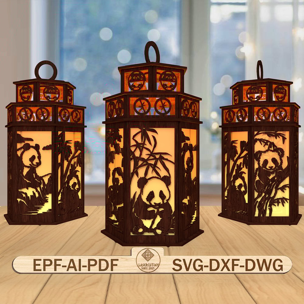 3D Cute Panda Lantern Laser Cut FilePanda Scene Lantern Svg Panda Svg Panda Mom And Baby Candle Lan 0