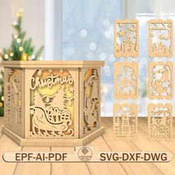 3d merry christmas tea light holder laser cut file, christmas nativity scene lamp svg, santa sleigh candle lantern svg