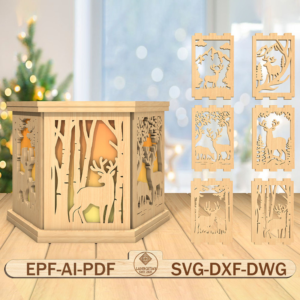 3D Deer Tea Light Holder Laser Cut File Mountain Scene Lamp Svg Deer Svg Mountain Animal Candle Lan 0