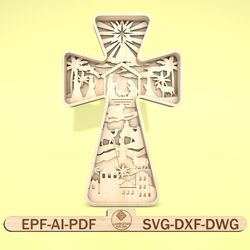 multilayer nativity cross scene art svg, nativity scene svg, christmas scene svg, birth of jesus svg, 6 layer art piece