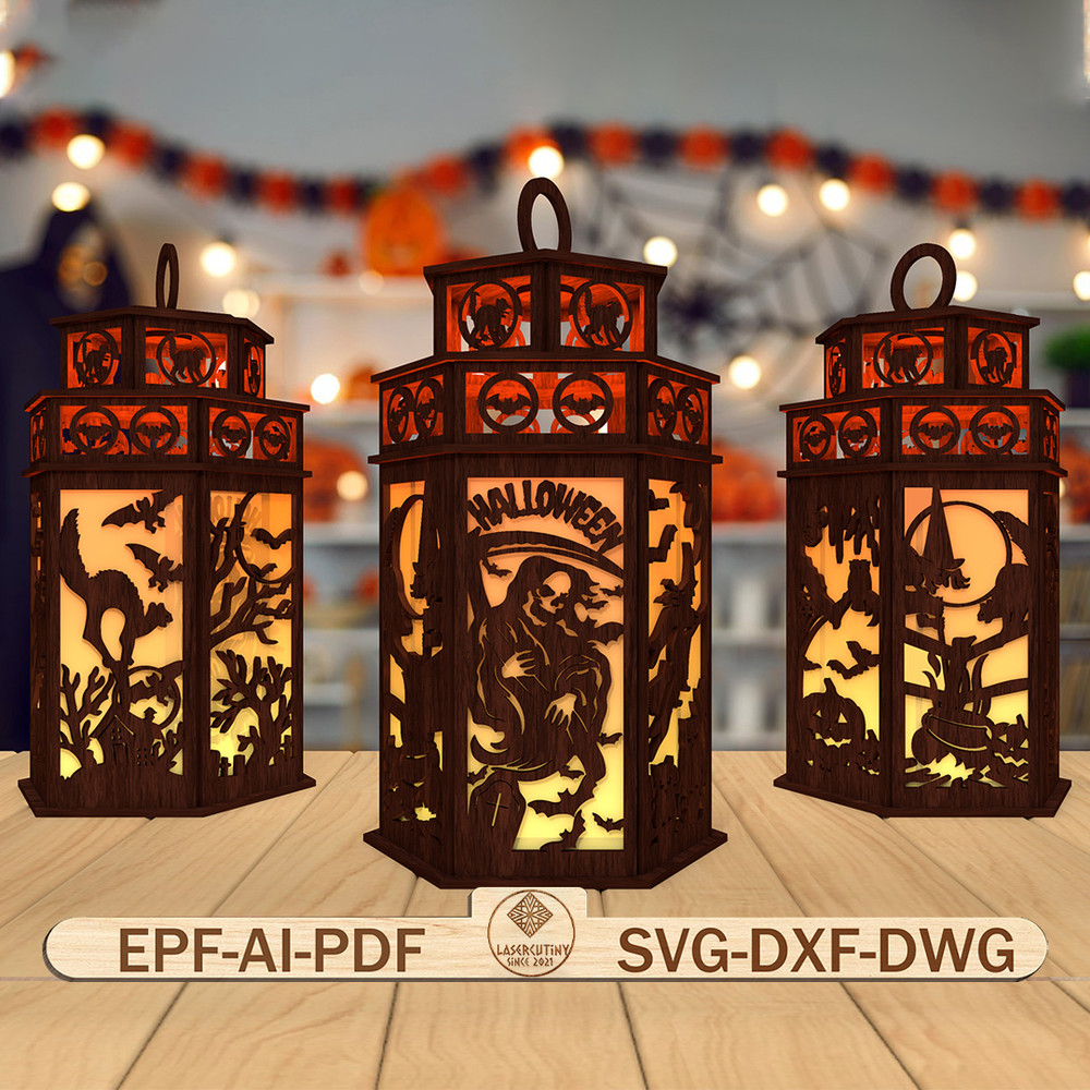 3D Halloween Lantern Laser Cut FileHalloween Scene Lantern Svg Halloween Grim Reaper Svg Halloween  0