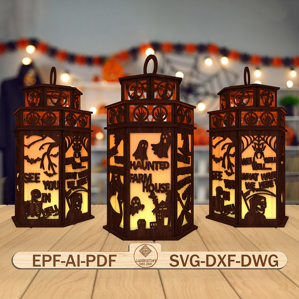 3D Halloween Lantern Laser Cut File Halloween Scene Lantern Svg Halloween Quotes Svg Halloween Cand 0