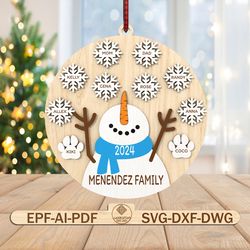 personalized snowman family ornament svg, custom family name, christmas snowman ornament svg, christmas gift svg