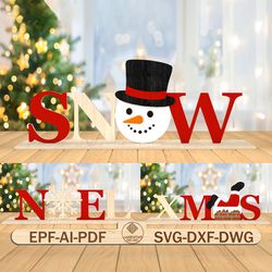 standing snowman, santa and snowflake decor svg, snow, noel, xmas svg, christmas scene svg, christmas stand decor svg