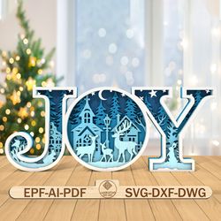 multilayer joy scene art svg, reindeer winter scene svg, christmas scene svg, reindeer svg, 5 layer art piece