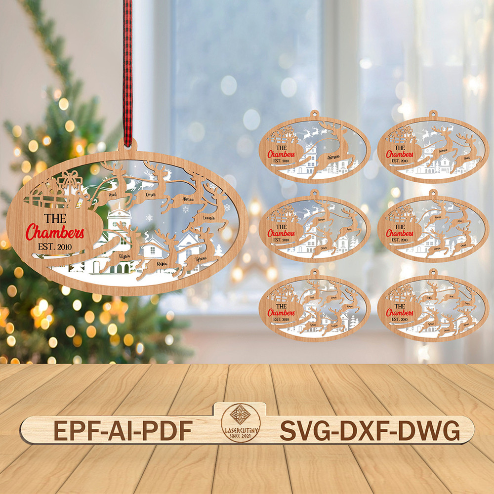 Personalized Santa Sleigh Reindeer Family Ornament Svg Christmas Scene Svg Christmas Ornament Svg C 0