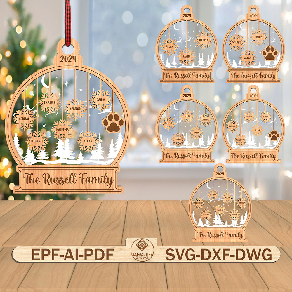 Personalized Dog Lover Family SnowGlobe Ornament Svg Snowflake Family Svg Christmas Ornament Svg Ch 0