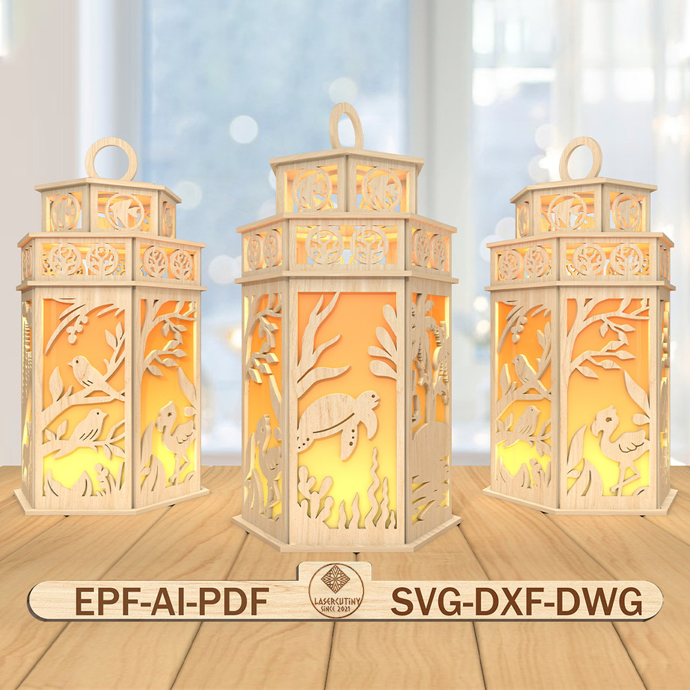 3D Nature Lantern Laser Cut FileNature Scene Lantern Svg Birds Svg Undersea Svg Forest Candle Lante 0