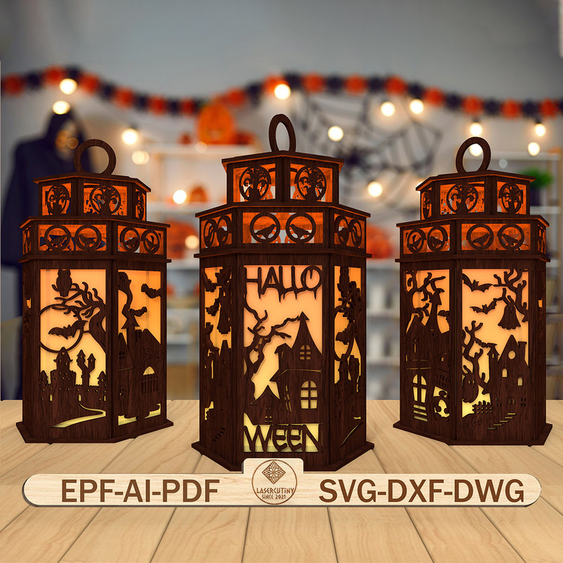 3D Halloween Lantern Laser Cut FileHalloween Scene Lantern Svg Haunted House Svg Halloween Candle L 0