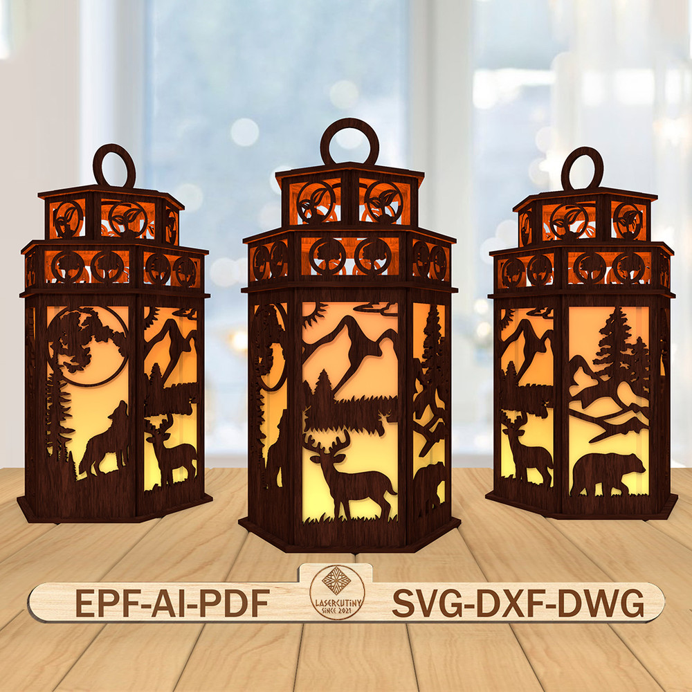 3D Mountain Animal Lantern Laser Cut FileMountain Scene Lantern Svg Hiking And Camping Svg Forest C 0