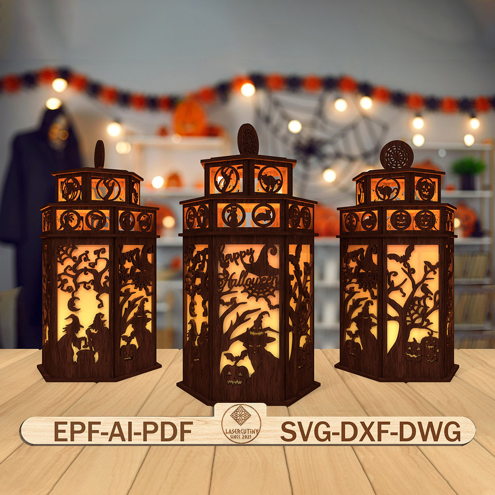 3D Halloween Lantern Laser Cut FileHalloween Scene Lantern Svg Black Cat Lantern Svg 0