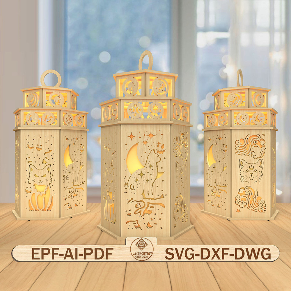 3D Mystical Lantern Laser Cut FileHalloween Cat Lantern Svg Moon And Cat Svg 0