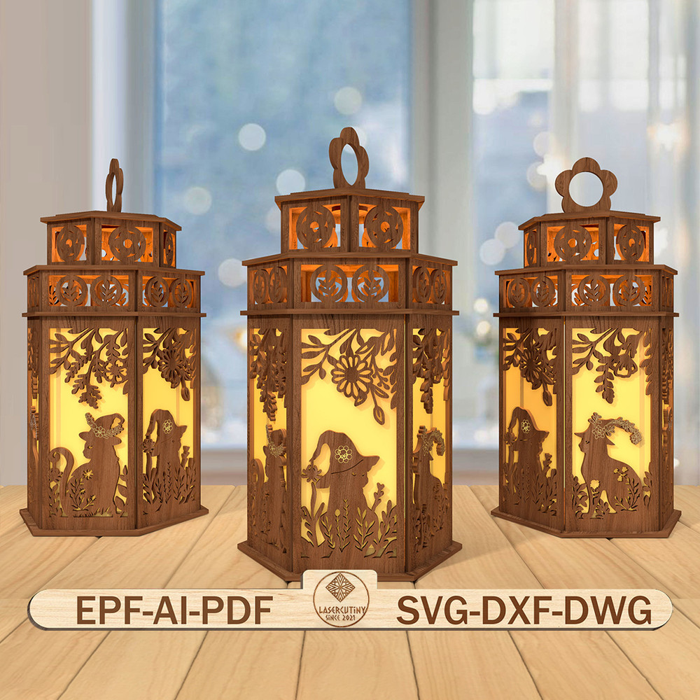 3D Black Cat Lantern Laser Cut FileHalloween Scene Lantern Svg Floral Black Cat Svg 0