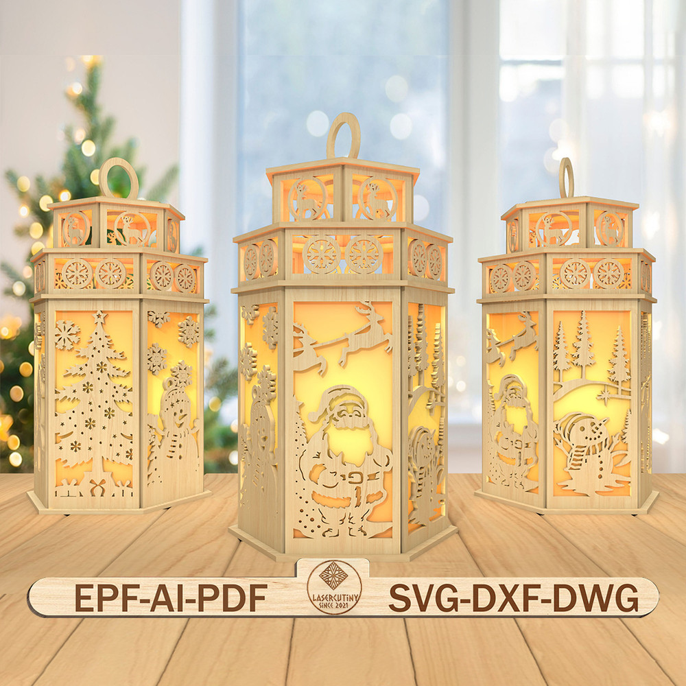 3D Christmas Lantern Laser Cut FileChristmas Scene Lantern SvgSanta Claus And Snowman Svg 0
