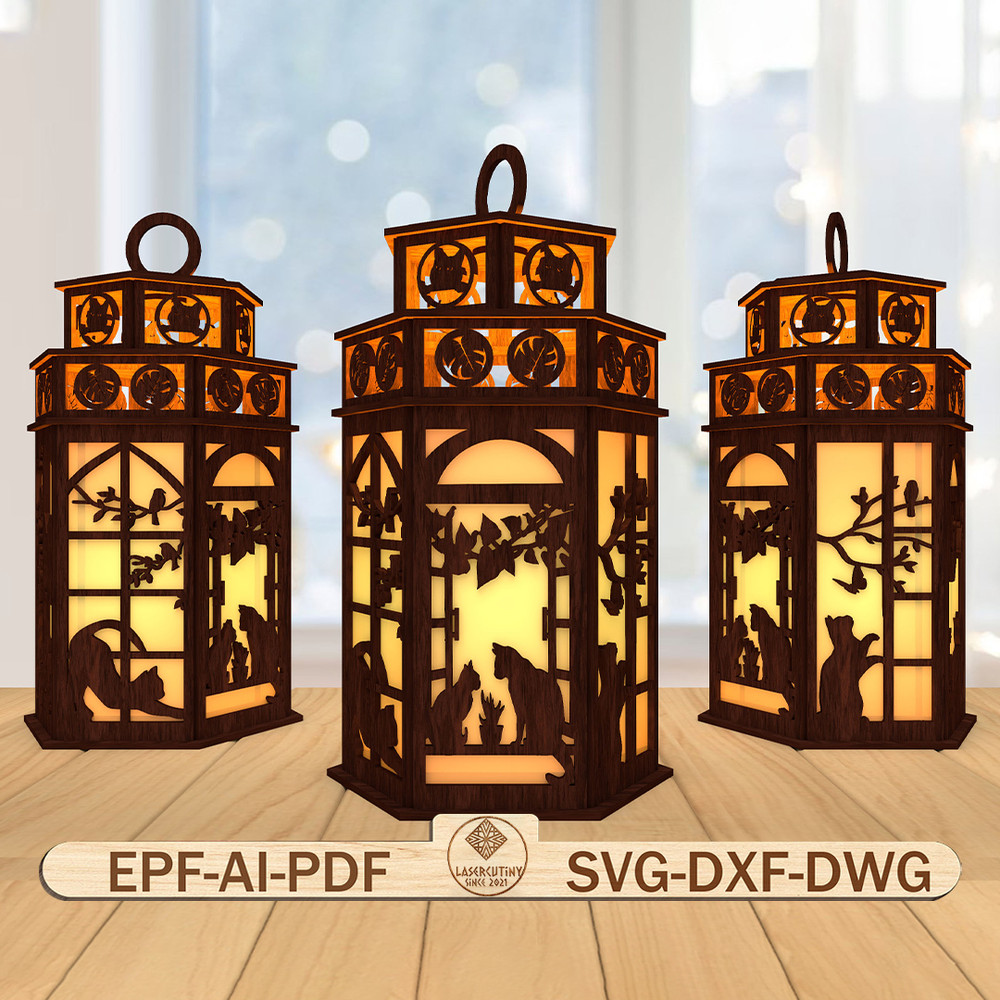 3D Cute Cat Lantern Laser Cut File Window Scene Lantern Svg Cat Lovers Svg 0