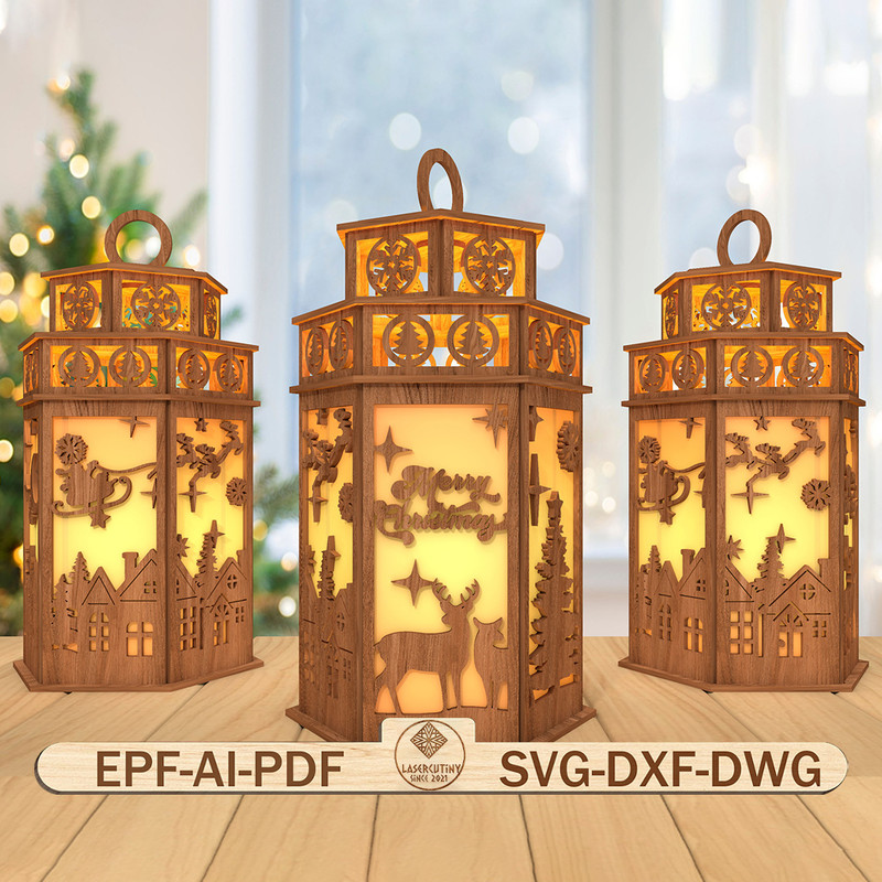 3D Christmas Lantern Laser Cut File Christmas Scene Lantern Svg Santa Sleigh Svg Christmas Candle L 0