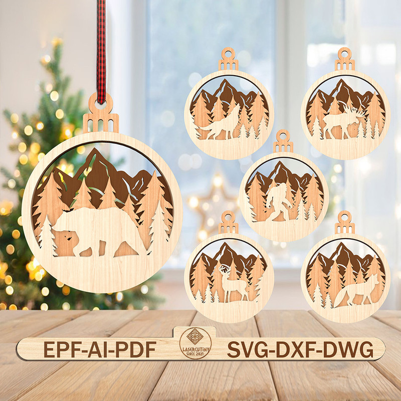 Mountain Animal Christmas Ornament Svg Bundle Wolf Bear Deer Bigfoot Ornament Svg 0