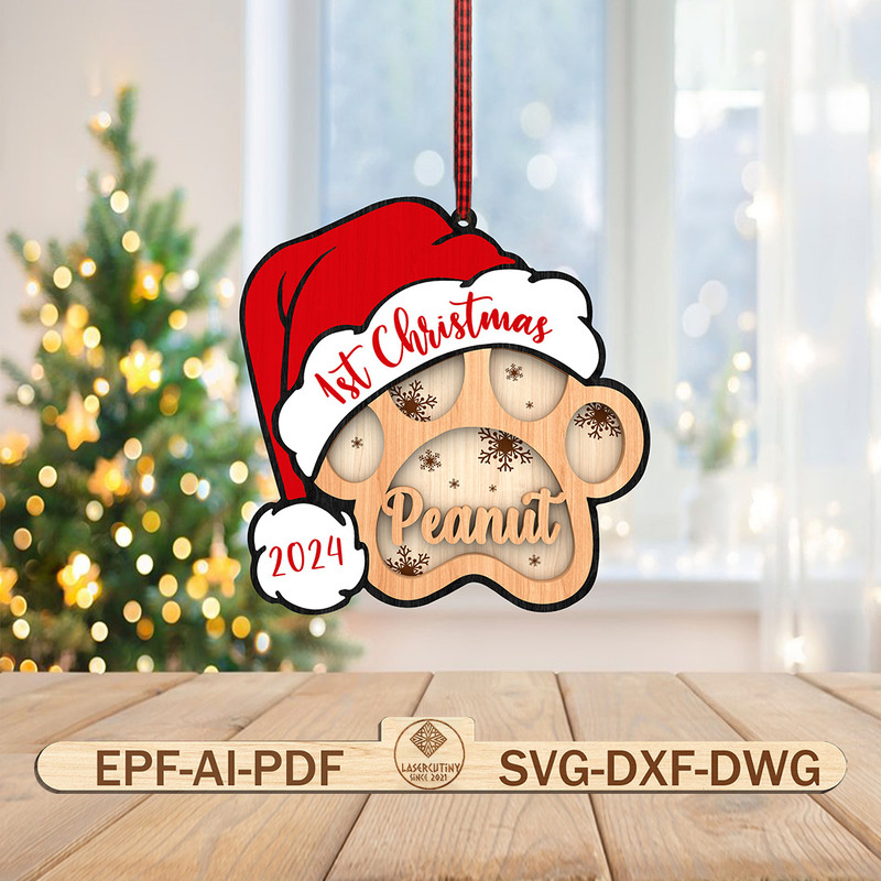 Personalized First Christmas Dog Ornament Svg Dog Paw Print With Santa Hat Ornament Svg 0