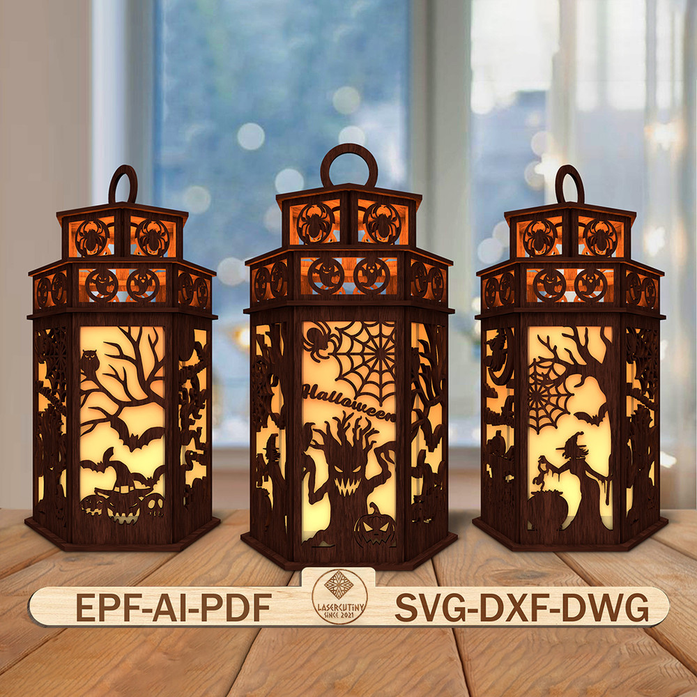 3D Halloween Lantern Laser Cut FileHalloween Scene Lantern Svg 0