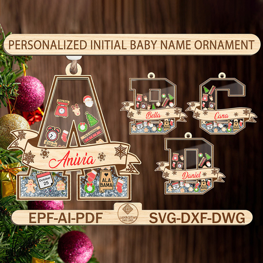 Personalized Initial Baby Name Ornament SvgBabys First Christmas Ornament Svg Shake Babies Ornament 0