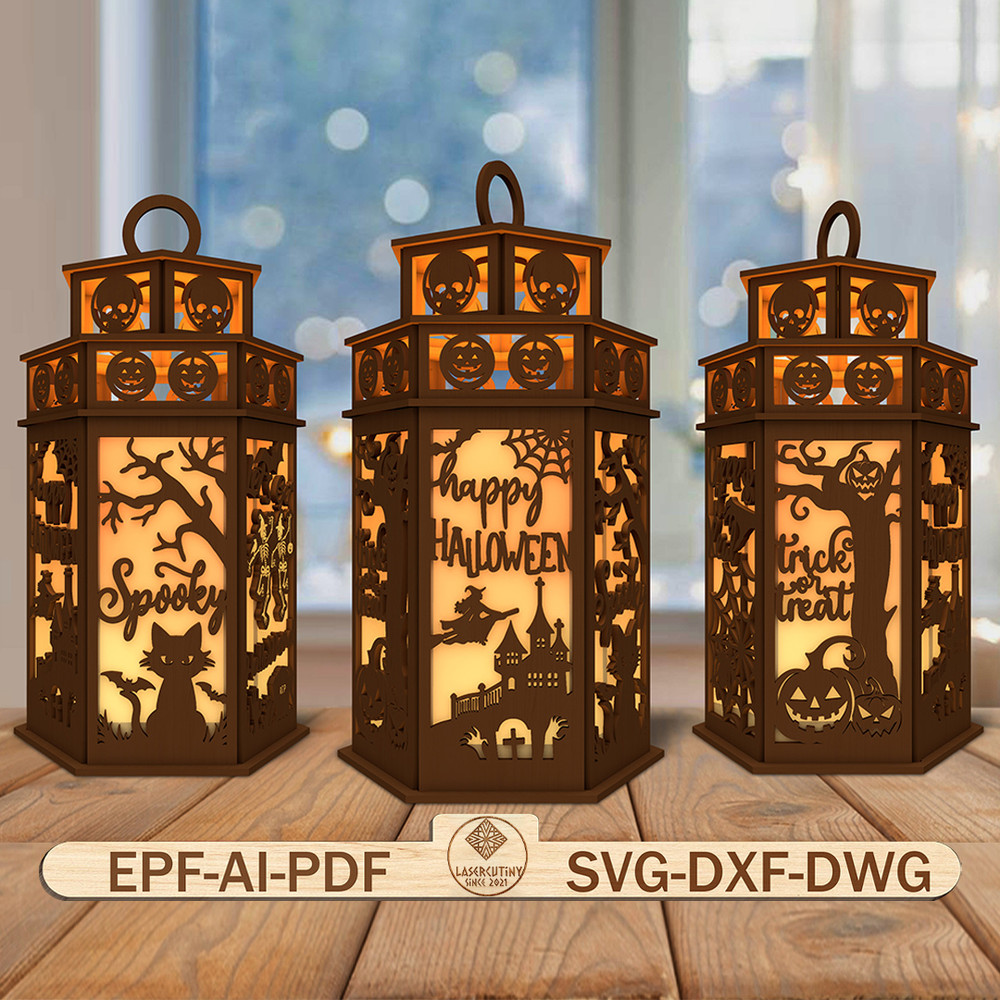 3D Halloween Lantern Laser Cut FileHalloween Scene Lantern Svg Dancing Skeletons Svg 0