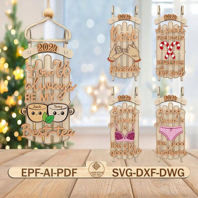 Friendship Sled Ornament Svg Bestie Vintage Wooden Christmas Sled Decor Svg Best Friend Gift Svg 0