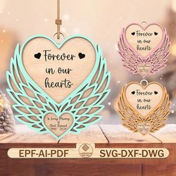 heart memorial ornament svg, forever in our hearts ornament svg, memorial ornament svg, angel wings ornaments svg