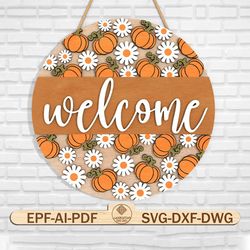 pumpkin daisy door hanger svg,welcome fall pumpkin round sign svg, autumn woodland sign svg , autumn welcome sign