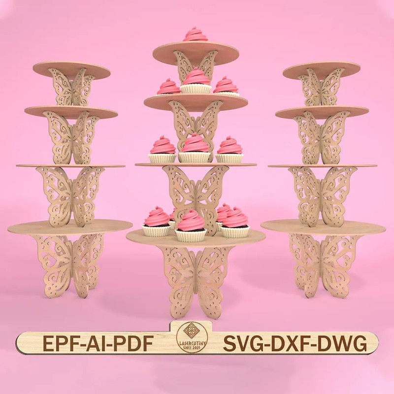 Natural Butterfly Round Wooden Cake Stand Laser Cut FilesCupcake Dessert Holder Butterfly Cupcake L 0