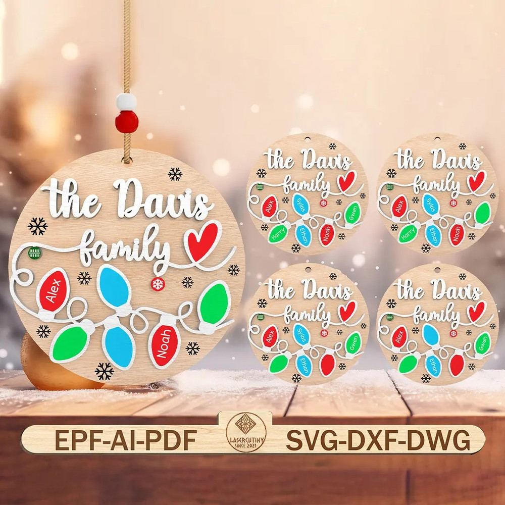 Personalized Christmas Family Ornament Laser Cut File Svg Christmas Light Wood Sign Svg Christmas O 0