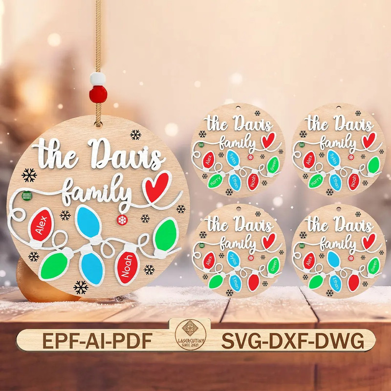 Personalized Christmas Family Ornament Laser Cut File Svg Christmas Light Wood Sign Svg Christmas O 0