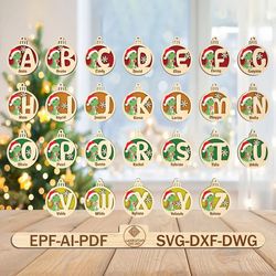 personalized t-rex dinosaur christmas balls svg, monogram alphabet ornament svg, christmas dinosaur ornament svg