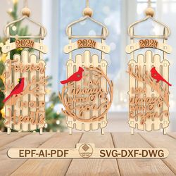 cardinal bird sled ornament svg, memorial vintage wooden christmas sled decor svg, memorial gift svg