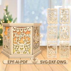 3d merry christmas tea light holder laser cut file, christmas scene lamp svg, santa ho ho ho candle lantern svg