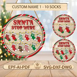 personalized santa stop here door sign svg, christmas round sign svg, christmas socks sign svg,christmas door hanger svg