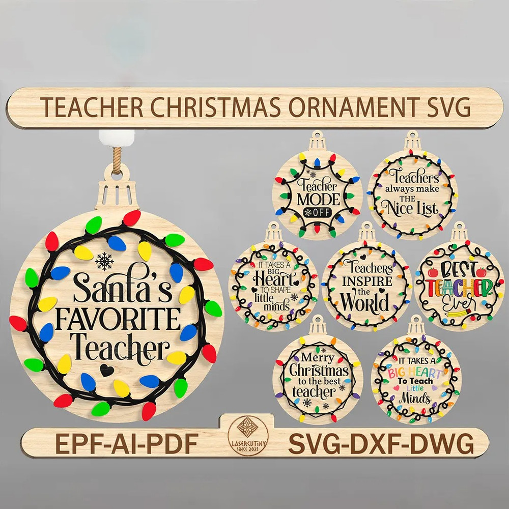 Teacher Christmas Ornament Laser Cut File SvgSanta Favorite Teacher SvgRound Christmas Ornament Svg 0