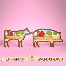 layered wooden 3d pig svg,multilayer animal farm cut files,3d cow svg,multilayer laser cutting file, farm decor svg
