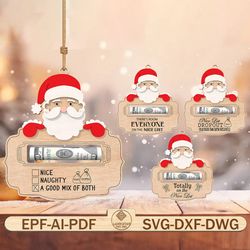 christmas money holder ornament laser cut files ,santa christmas ornament svg ,money holder svg,christmas money gift