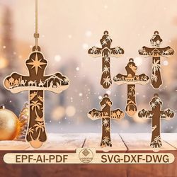 nativity cross ornament laser cut files svg, christmas wood ornament svg,digital laser cut files svg