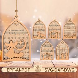 christmas sheet music ornaments svg, nativity scene ornament svg