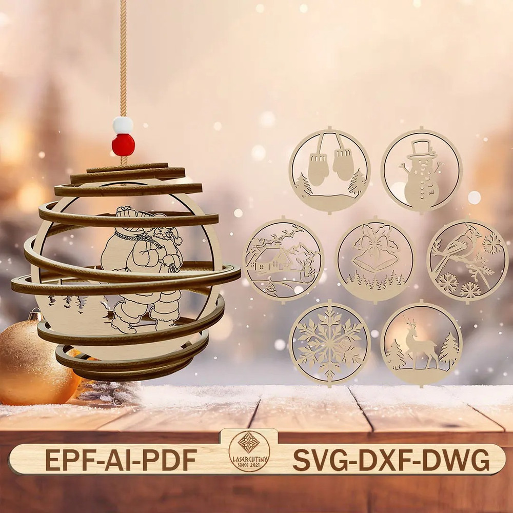 3D Spiral Christmas Ornament Laser Cut File SvgChristmas Scene Wood Sign Svg Santa Ornament SvgChri 0