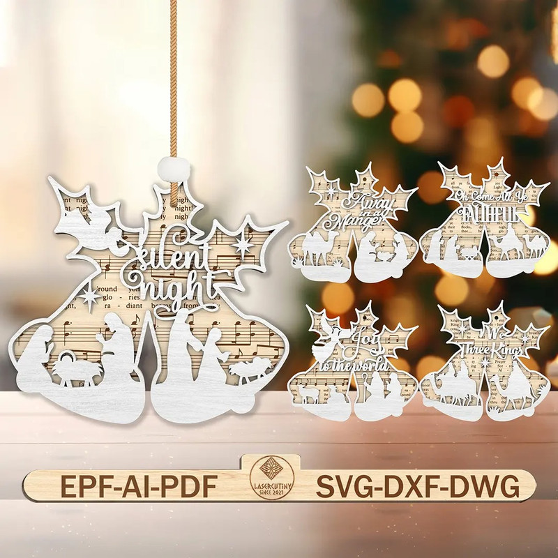 Music Sheet Nativity Ornaments Cutfile Svg Christmas Bell Ornament Svg Christian Ornament Svg Nativ 0