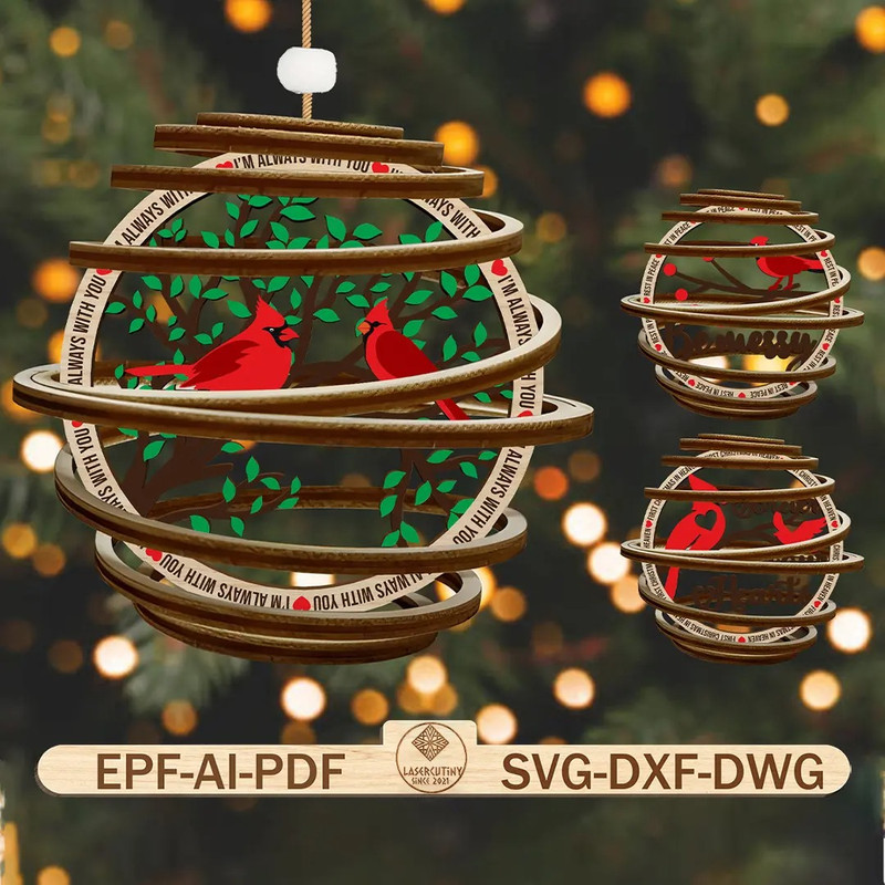 Spiral Cardinal Christmas Ornaments Lasercut Svg Christmas Decor Cut File Family Gift Ornament Svg 0