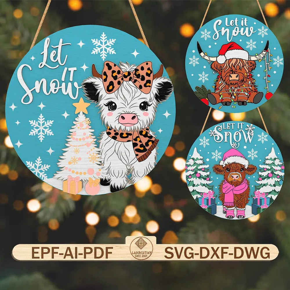 Highland Cow Sign Door Svg Merry Christmas Door Hanger Lasercut File Svg Let It Snow Svg Wooden Rou 0