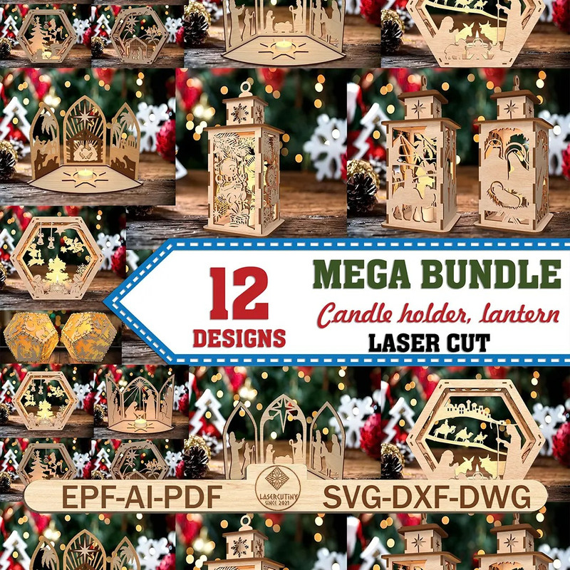 Mega Bundle Lasercut File Svg Hexagon Lantern Bundle Svg Candle Holder Svg Wooden Lantern Svg Merry 0